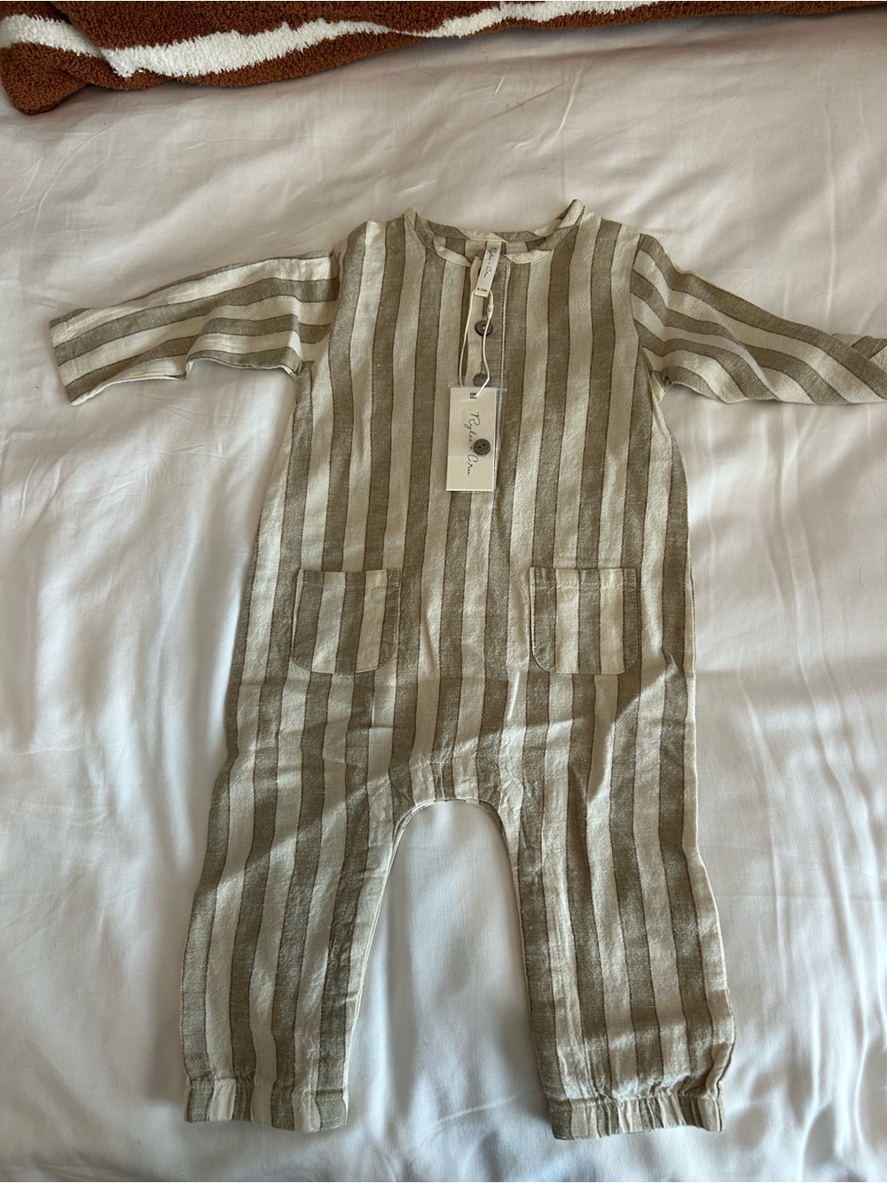 Rylee + Cru Beige and Cream Striped Knit Romper